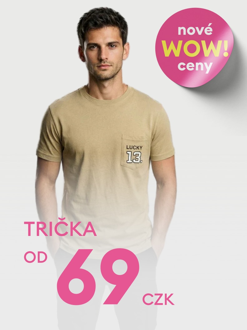 Propagace nabídky pánských triček se zvýhodněnými novými cenami, zaměřená na dostupnost a každodenní nošení.