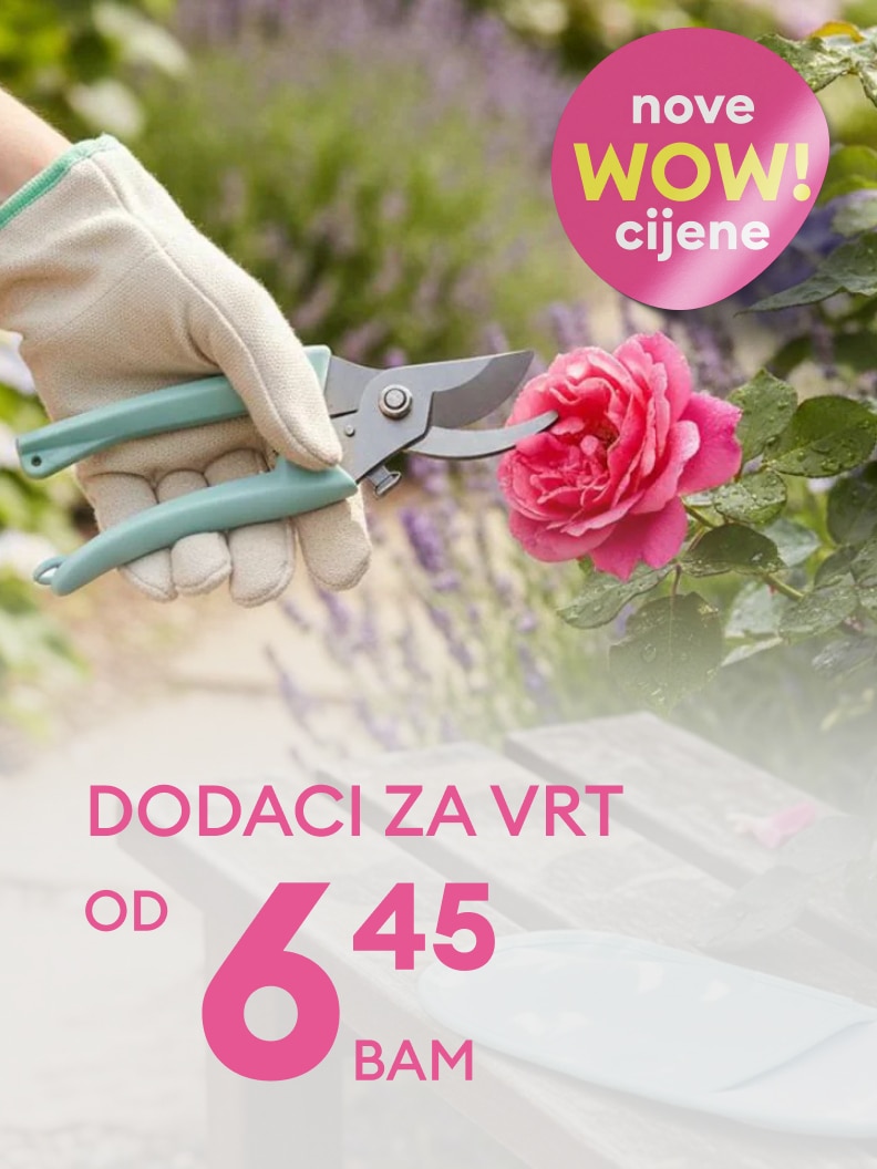 Promotivna poruka o sniženim dodacima za vrt, namijenjena da informiše korisnike o posebnoj ponudi i potakne kupovinu vrtne opreme.