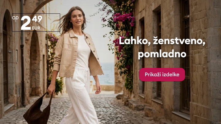 Promocija lahkotnih ženskih oblačil za pomlad, ki poudarja udobje in ženstvenost ter vabi k ogledu cenovno dostopne ponudbe.