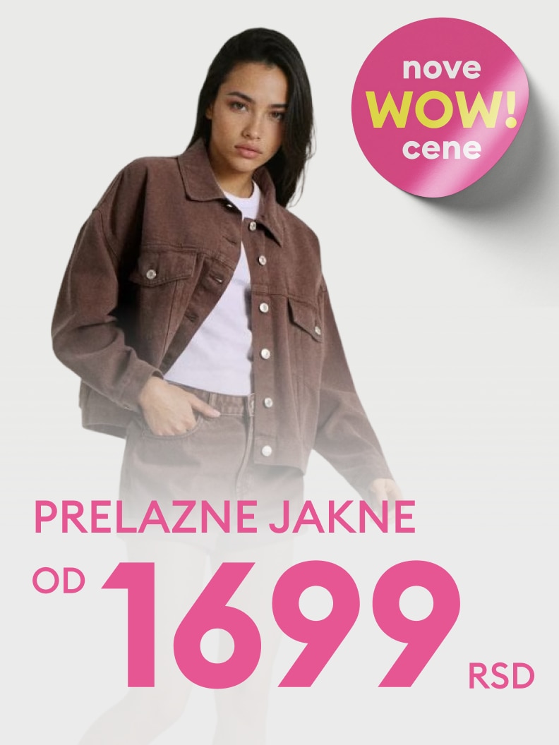 Promotivna poruka o ponudi prelaznih jakni sa povoljnim, sniženim cenama namenjena kupcima koji traže sezonsku odeću po pristupačnoj ceni.