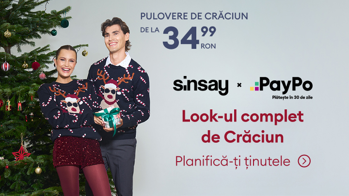 Pulovere de Crăciun disponibile începând de la 34.99 RON. Descoperă look-ul complet de Crăciun cu Sinsay și opțiunea de plată în 30 de zile prin PayPo. Planifică-ți ținutele și bucură-te de atmosfera festivă. banner
