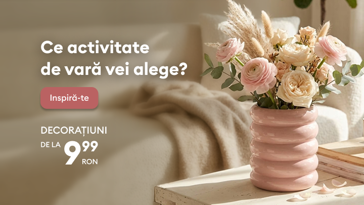 Banner promoțional care invită la inspirație pentru activități de vară și promovează decorațiuni pentru casă, sugerând idei de amenajare și oferte accesibile.