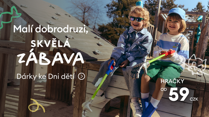 Propagační banner k Dni dětí podporující nákup hraček pro děti, zdůrazňující zábavu a venkovní hraní, s informací o dostupné ceně od 59 Kč.