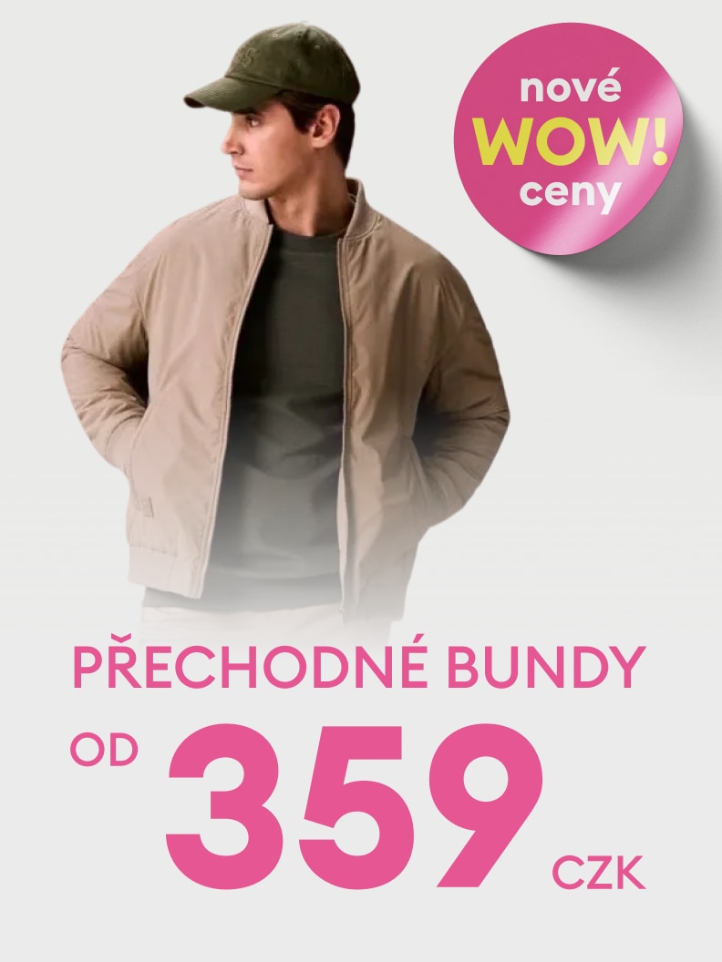 Reklamní sdělení propagující přechodné bundy v akční nabídce, zdůrazňující cenovou dostupnost a nově snížené ceny pro běžné nošení.