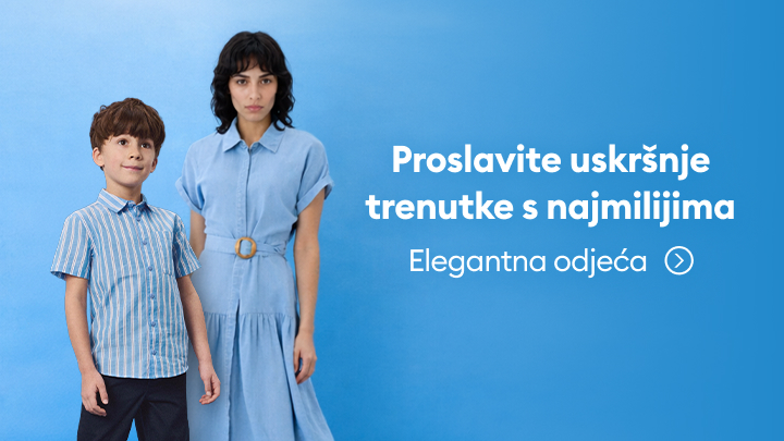 Promocija elegantne odjeće za odrasle i djecu namijenjene uskrsnim proslavama i obiteljskim trenucima.