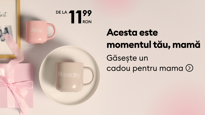 Promovare de cadouri pentru mamă, cu idei precum seturi de căni pentru mamă și copil, disponibile de la 11,99 RON, încurajând alegerea unui cadou potrivit.