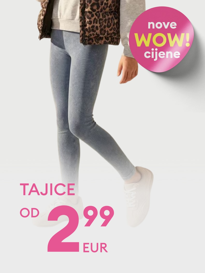 Promocija dječjih tajica s novim sniženim cijenama, namijenjena informiranju o povoljnoj ponudi i dostupnosti proizvoda od cijene 2,99 EUR.