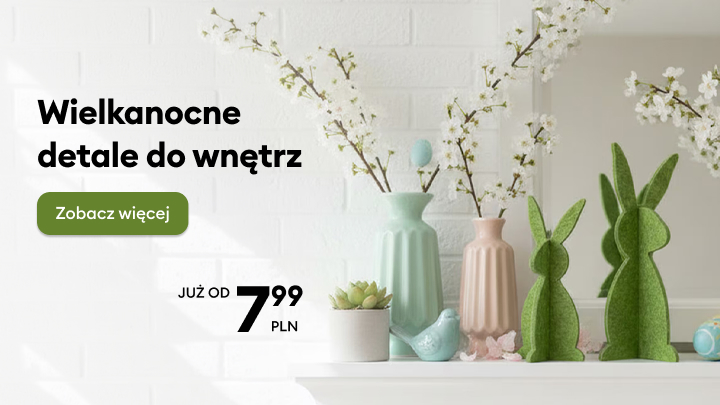 Baner promujący ofertę wielkanocnych dekoracji do wnętrz, zachęcający do zapoznania się z asortymentem i informujący o atrakcyjnych cenach.