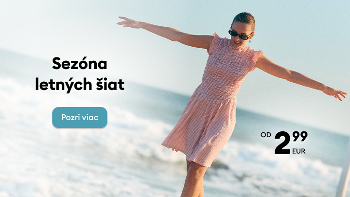 Propaguje sezónnu ponuku letných šiat pre letné nosenie a nákup, zdôrazňuje dostupnosť a atraktívnu cenu kolekcie.