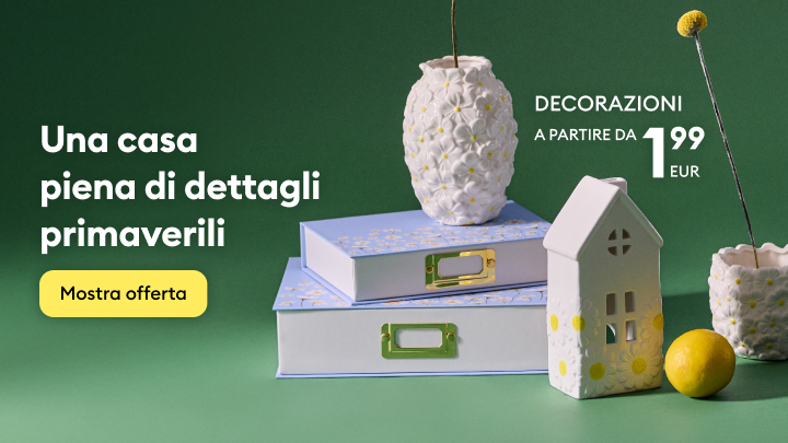 Promozione di decorazioni per la casa a tema primaverile, con invito a scoprire l’offerta e prezzi a partire da 1,99 €.