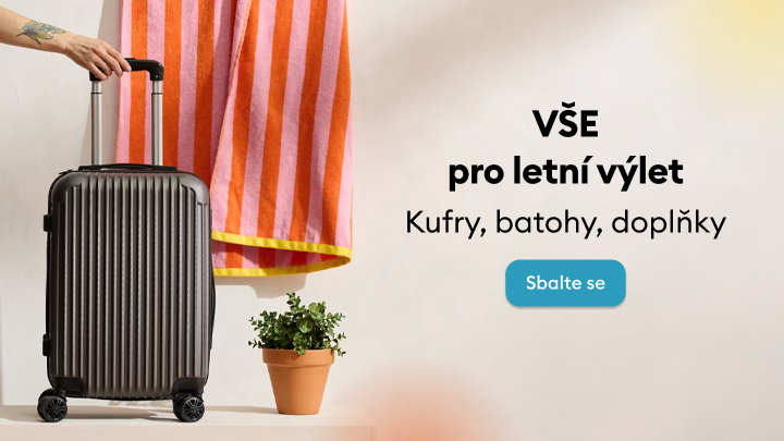 Propaguje nabídku vybavení na letní výlet, zaměřenou na kufry, batohy a cestovní doplňky pro snadné a pohodlné balení.