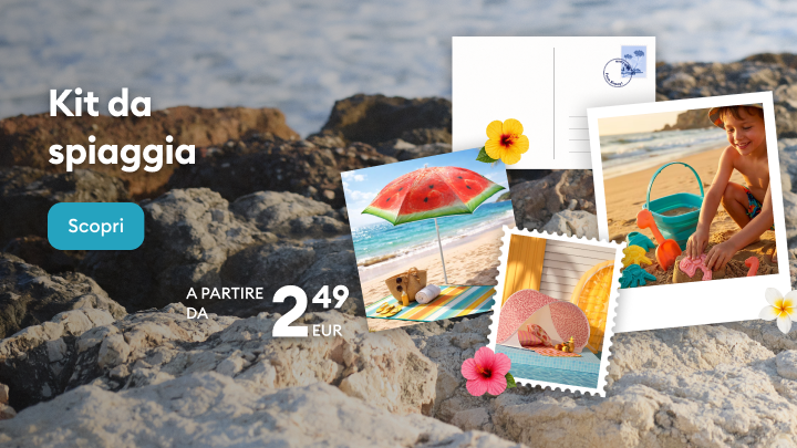 Promozione di un kit da spiaggia con articoli essenziali per il mare, presentata come offerta commerciale con prezzo di partenza a partire da 2,49 EUR per incentivare l’acquisto.