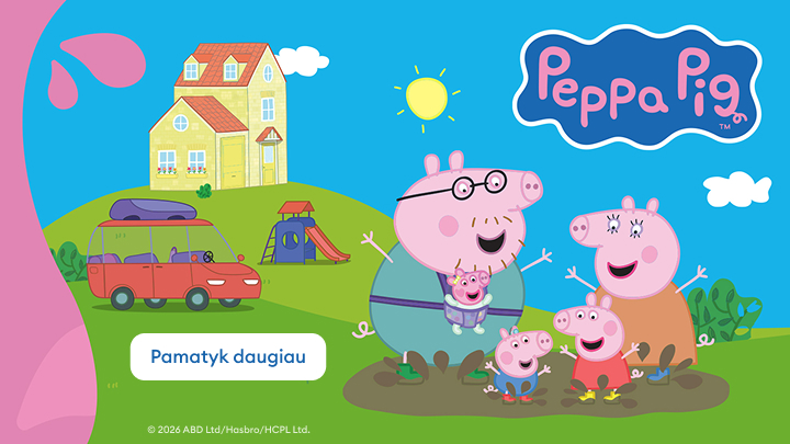 Reklaminė iliustracija, skatinanti vaikams skirtą „Peppa Pig“ turinį, vaizduojanti paršelės Pepos šeimą linksmoje, šeimai draugiškoje aplinkoje.