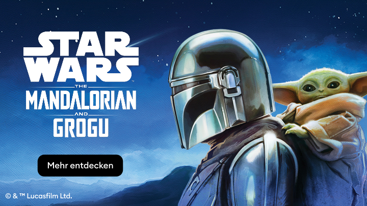 Werbebanner zur Star Wars Kollektion mit The Mandalorian und Grogu, der Nutzer zur Entdeckung passender Produkte einlädt.