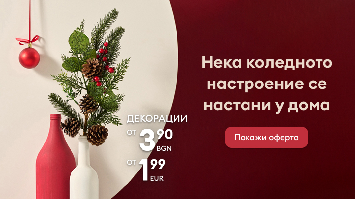 Коледна декорация със смърчови клонки, шишарки и червени топчета в две вази. Текстът приканва да внесете коледно настроение у дома. Декорации на цени от 3,90 лв. или 1,99 евро. Бутон за разглеждане на офертата. banner