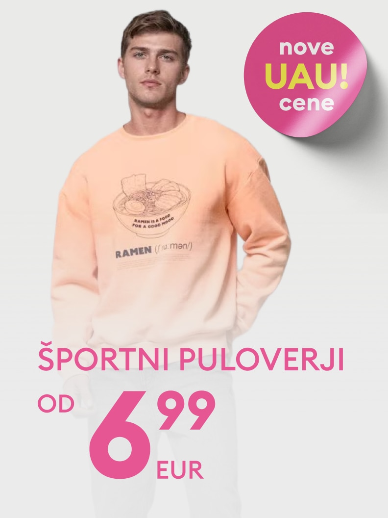 Promocija športnih puloverjev za moške, ki uporabnika obvešča o novi znižani ponudbi in ugodni začetni ceni.