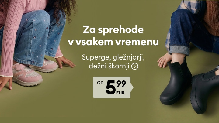 Otroška obutev za sprehode v vsakem vremenu, vključno s supergami, gležnjarji in dežnimi škornji po ugodni ceni.