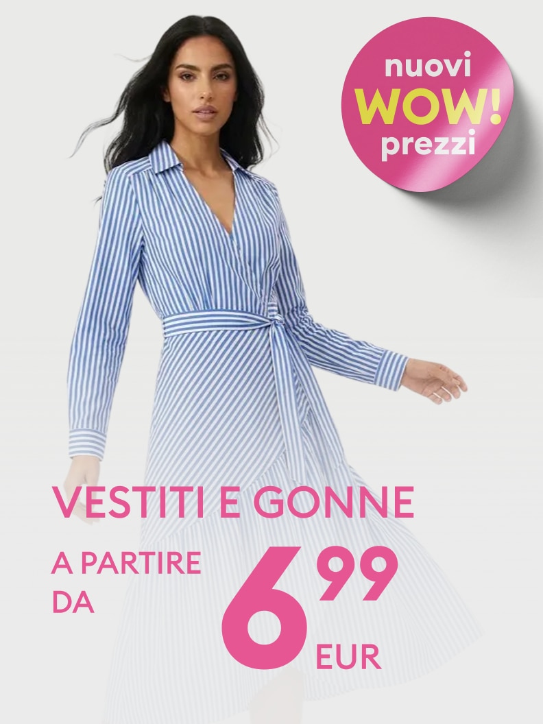 Promozione di moda femminile che comunica l’offerta di abiti e gonne a prezzi vantaggiosi, invitando a scoprire nuovi modelli convenienti.