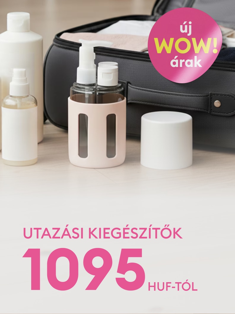 Utazási kiegészítők promóciója új, kedvező árakon, utazáshoz szükséges flakonok és tárolók bemutatásával, akciós ajánlat hangsúlyozására.
