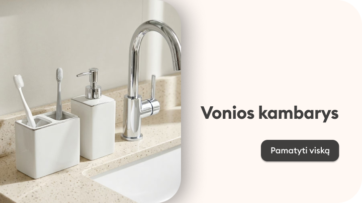 Vonios kambario kategorijos pristatymas su kriauklės aksesuarais, skatinantis peržiūrėti visą asortimentą.