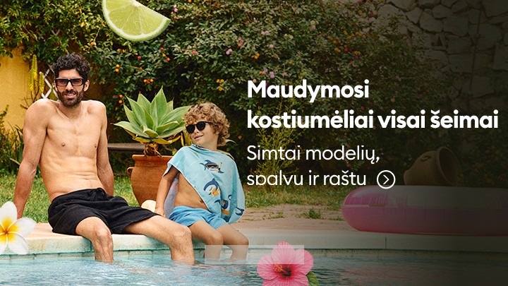 Kvietimas susipažinti su maudymosi kostiumėlių pasiūla visai šeimai, pabrėžiant platų modelių, spalvų ir raštų pasirinkimą.