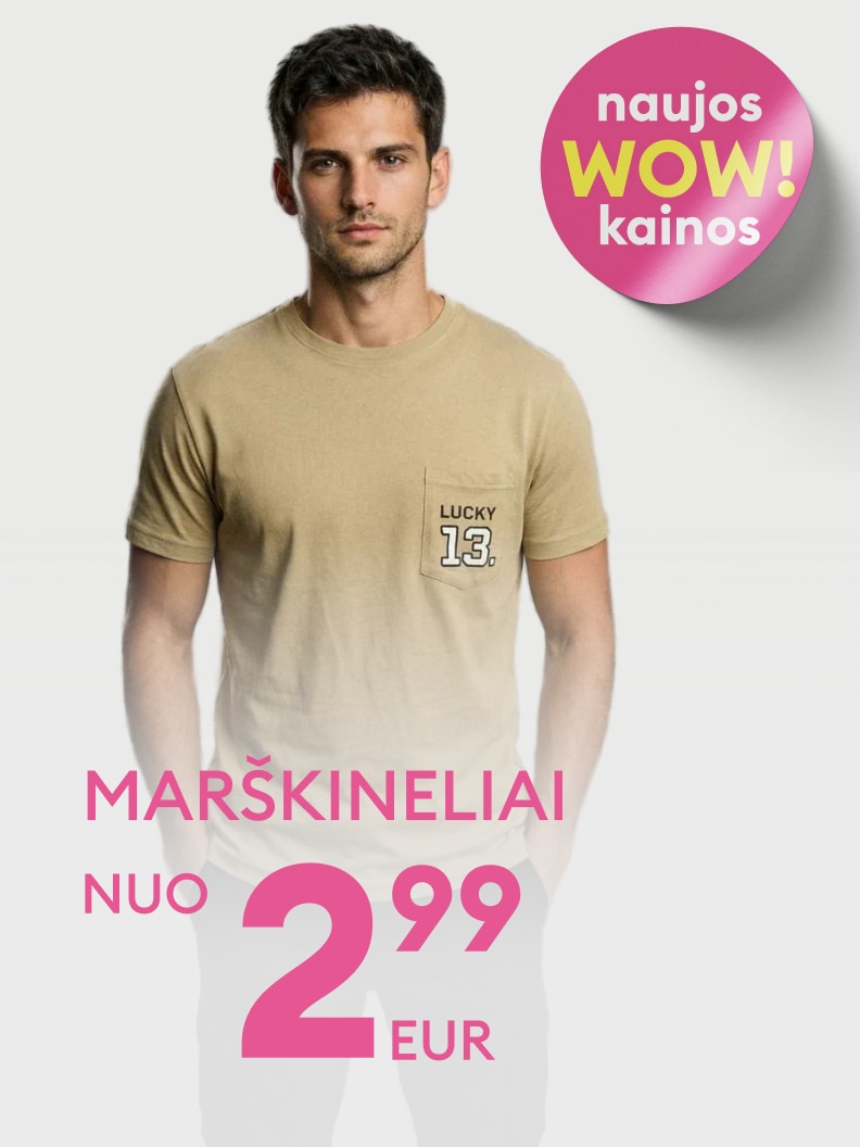 Reklaminis pasiūlymas vyriškiems marškinėliams, skirtas informuoti apie naujas, itin patrauklias kainas ir paskatinti įsigyti prekę.