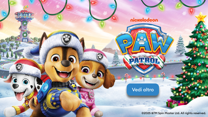 Immagine promozionale di Natale di Paw Patrol, con i cuccioli vestiti da Babbo Natale in un paesaggio innevato. A destra si distingue il logo della serie e un pulsante con la scritta "Vedi altro". Sullo sfondo, luci colorate, un albero decorato e una torre di osservazione.