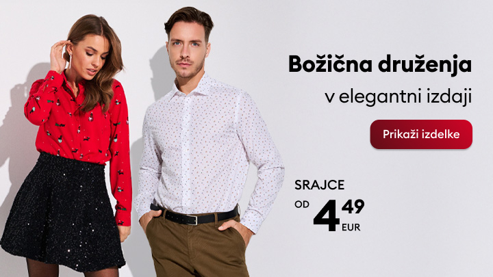 Božična kolekcija oblačil za eleganten videz: ženska v rdeči bluzi s potiskom in črnem krilu ter moški v beli srajci s temnimi hlačami. Ponudba srajc od 4,49 EUR. Gumb za ogled izdelkov. banner