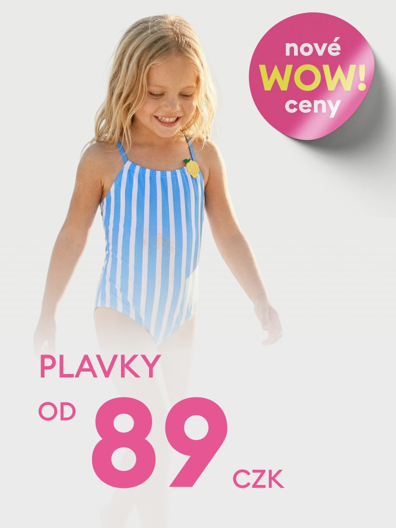 Propagační sdělení informující o nabídce dětských plavek za zvýhodněnou cenu v rámci nové cenové akce.