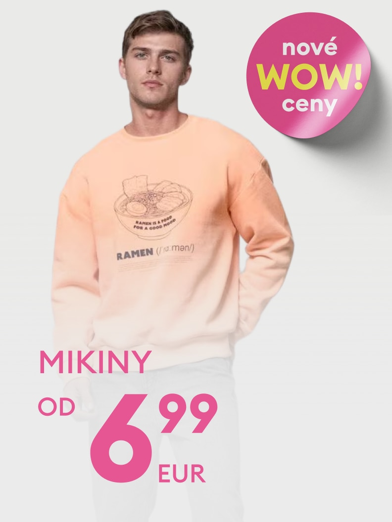 Propagačný vizuál mikiny, ktorý informuje o novej akcii s výrazne zníženými cenami a zvýhodnenej ponuke dostupnej už od veľmi nízkej štartovacej ceny.