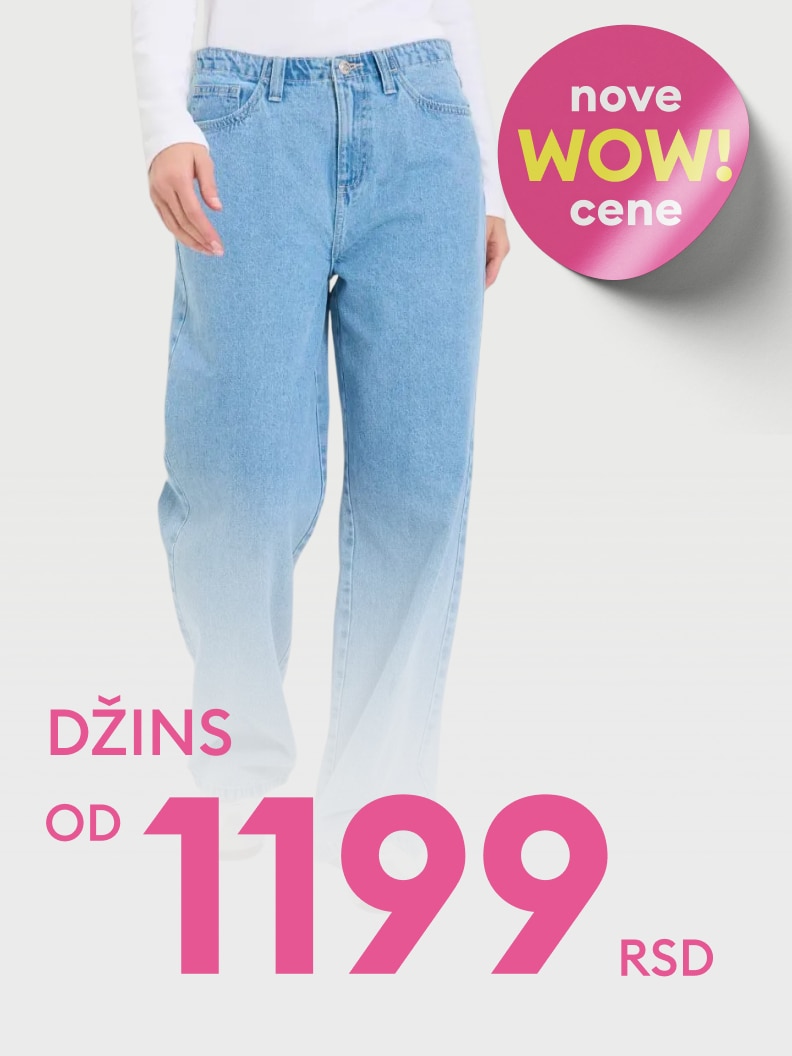 Promotivna ponuda ženskih džins pantalona sa sniženim, novim cenama.