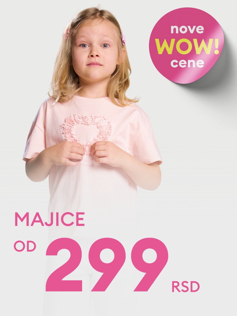 Promotivna ponuda dečije majice za devojčice po sniženoj ceni od 299 RSD, namenjena isticanju povoljne kupovine.