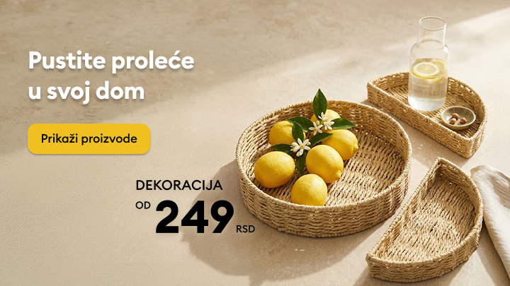 Promotivni baner koji poziva na kupovinu prolećne dekoracije za dom, ističe osveženje enterijera i povoljnu ponudu dekorativnih proizvoda.