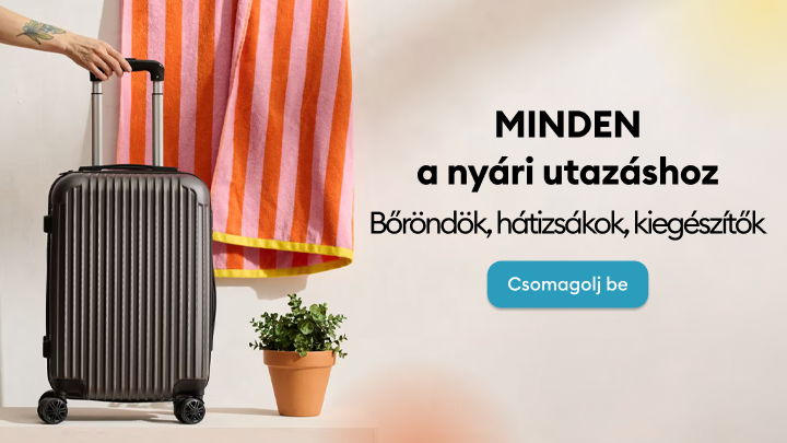 Nyári utazáshoz szükséges felszerelések kínálatának bemutatása, csomagolásra ösztönözve: bőröndök, hátizsákok és kiegészítők.