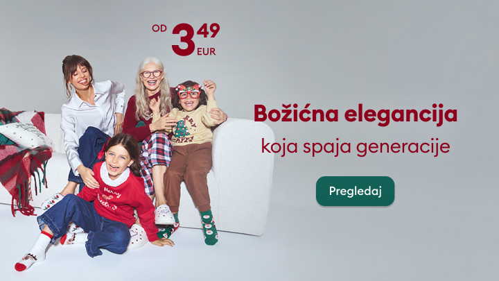 Božićna elegancija koja spaja generacije. Cijena već od 3,49 EUR. Promotivni prikaz obiteljskog ugođaja za vrijeme blagdana s odjevnim kombinacijama za različite generacije. Poziva se na pregled ponude klikom na gumb 