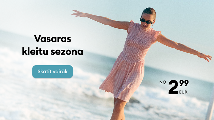 Vasaras kleitu kolekcijas reklāma, kas aicina iepazīties ar sezonas piedāvājumu un atrast vieglas, ikdienai piemērotas kleitas siltajam laikam.