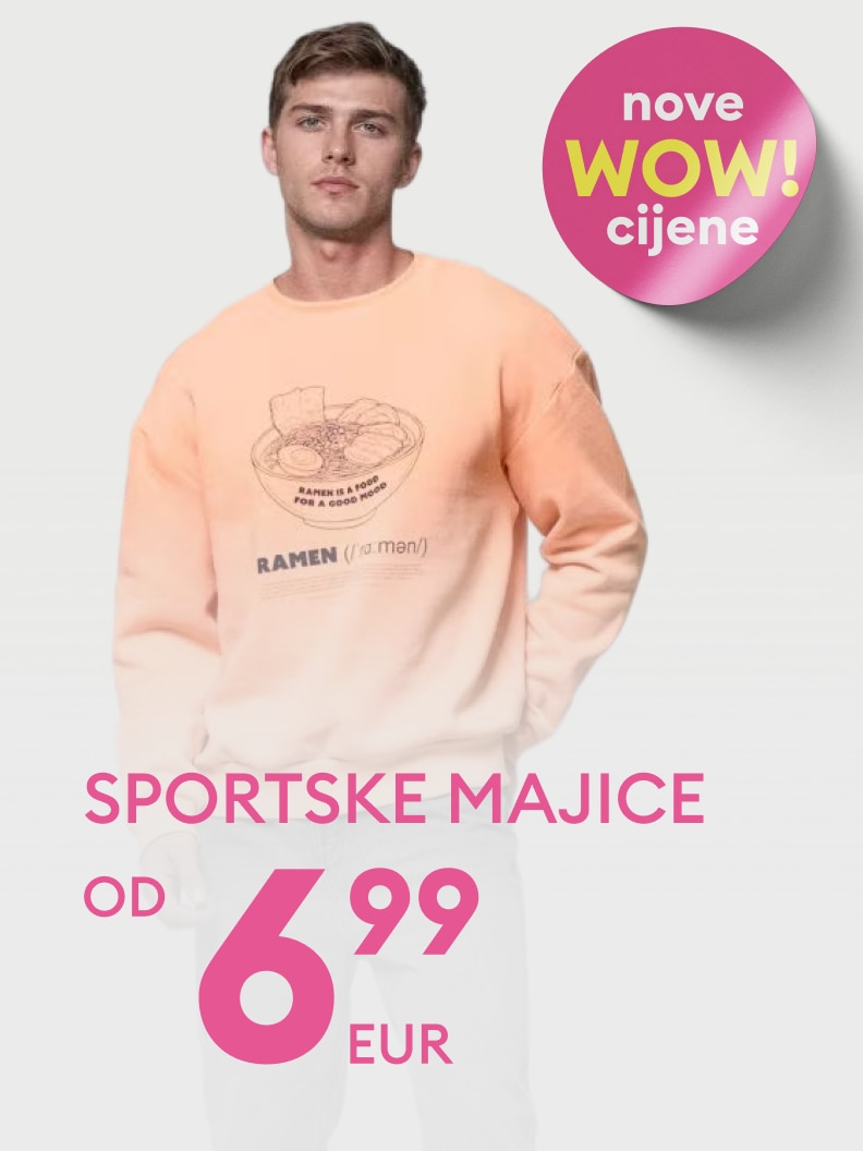 Promotivna ponuda sportskih majica s naglaskom na nove akcijske cijene, uz istaknutu početnu cijenu od 6,99 EUR.