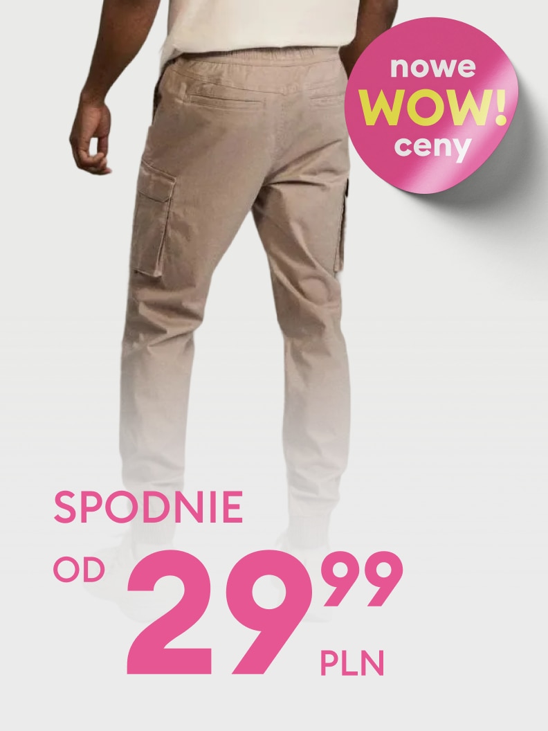 Grafika promocyjna informująca o ofercie spodni w obniżonych, nowych cenach, z ceną startową 29,99 zł.