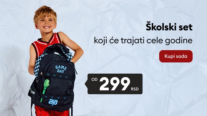 Dečak sa školskim rancem promoviše izdržljiv školski set za decu po pristupačnoj ceni.