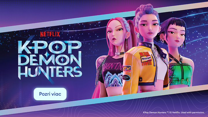 Propagačný banner seriálu Netflix K‑Pop Demon Hunters, predstavuje hlavné postavy a vyzýva používateľa zistiť viac o titule.