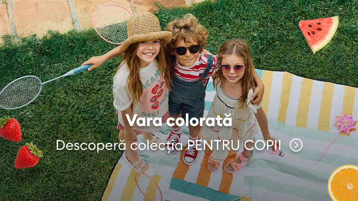 Promovare a unei colecții de vară pentru copii, sugerând joacă și activități în aer liber și invitând la explorarea articolelor pentru cei mici.