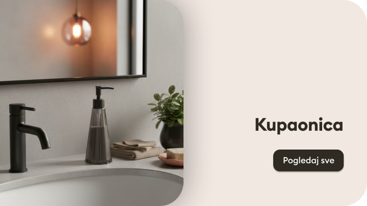 Moderni kupaonski prostor s umivaonikom i dozatorom za sapun. Na pultu su ručnici i ukrasna biljka. Uz sliku se nalazi natpis "Kupaonica" i gumb s pozivom na akciju "Pogledaj sve". Prikaz potiče na istraživanje inspiracija za uređenje kupaonice.