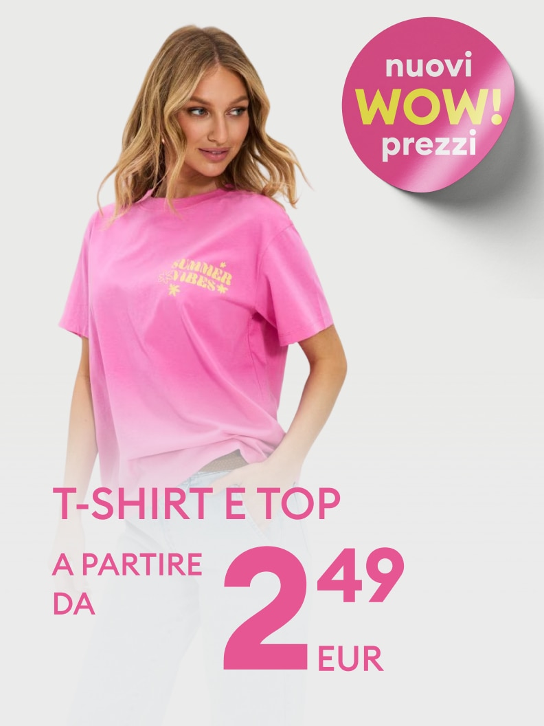 Promozione di abbigliamento donna che comunica nuovi prezzi vantaggiosi su T-shirt e top, pensata per incentivare l’acquisto con offerte convenienti.
