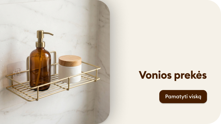 Reklaminis vaizdas, pristatantis vonios prekių ir aksesuarų asortimentą bei skatinantis susipažinti su siūlomomis prekėmis.