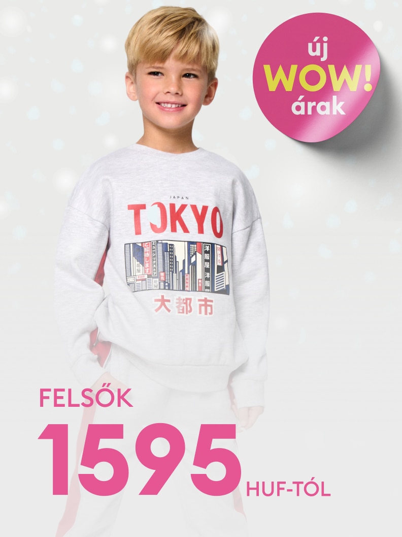 Gyerekeknek szóló Tokyo feliratos, épületmintás felső reklámja. Az ár 1595 forinttól kezdődik. Az új WOW árak kampány része, amely kiemelten kedvező ajánlatokat kínál.