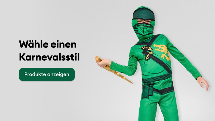 Wähle einen Karnevalsstil und entdecke verschiedene Produkte. Die dargestellte Figur zeigt eine Verkleidung mit passendem Accessoire, ideal für Fasching oder Kostümpartys. Über den Button „Produkte anzeigen“ kannst du weitere Optionen finden, um deinen perfekten Look zu kreieren.