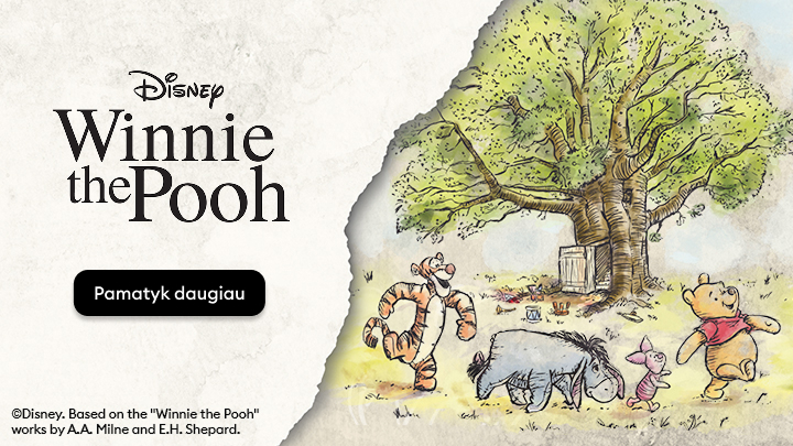 Disney pristato „Mikė Pūkuotukas“ – pasakojimą apie draugystę ir nuotykius Šimto akarų miške. Pagrindiniai personažai: Mikė Pūkuotukas, Tigras, Paršelis ir Asiliukas. Kartu jie leidžiasi į įsimintinus nuotykius. Sužinokite daugiau paspaudę mygtuką „Pamatyk daugiau“. banner