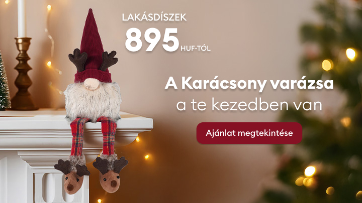 Karácsonyi díszek már 895 forinttól. A képen egy karácsonyi dekorációként használt manós dísz látható, amely egy ünnepi környezetben helyezkedik el. Fedezd fel az ünnepi varázst, és tekintsd meg az ajánlatot az ajánlat megtekintése gombbal. banner