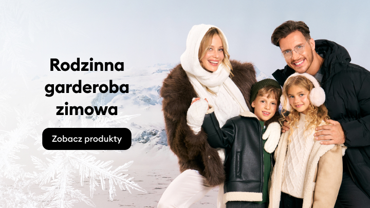 Grupa osób ubranych w zimowe ubrania pozuje na tle gór. Na planszy obok widnieje napis: "Trendy, które Cię ogrzeją. Zimowe nowości." Obraz promuje zimową kolekcję odzieży.