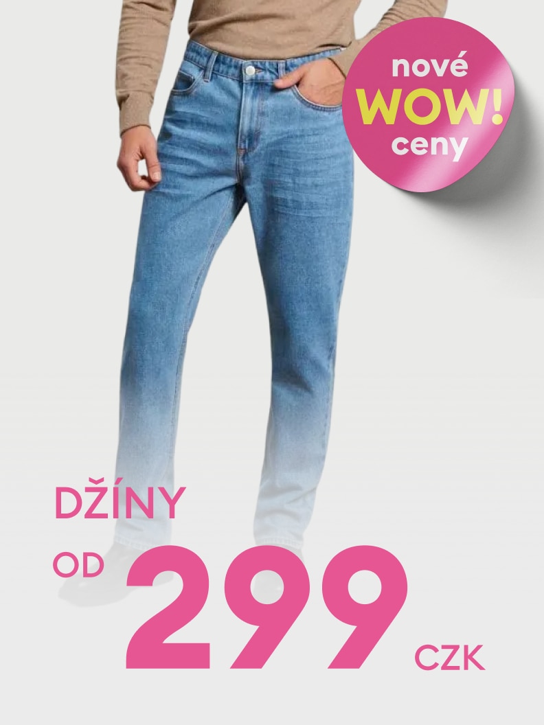 Reklamní sdělení o výhodné nabídce džínů s novými sníženými cenami, dostupné od 299 Kč.